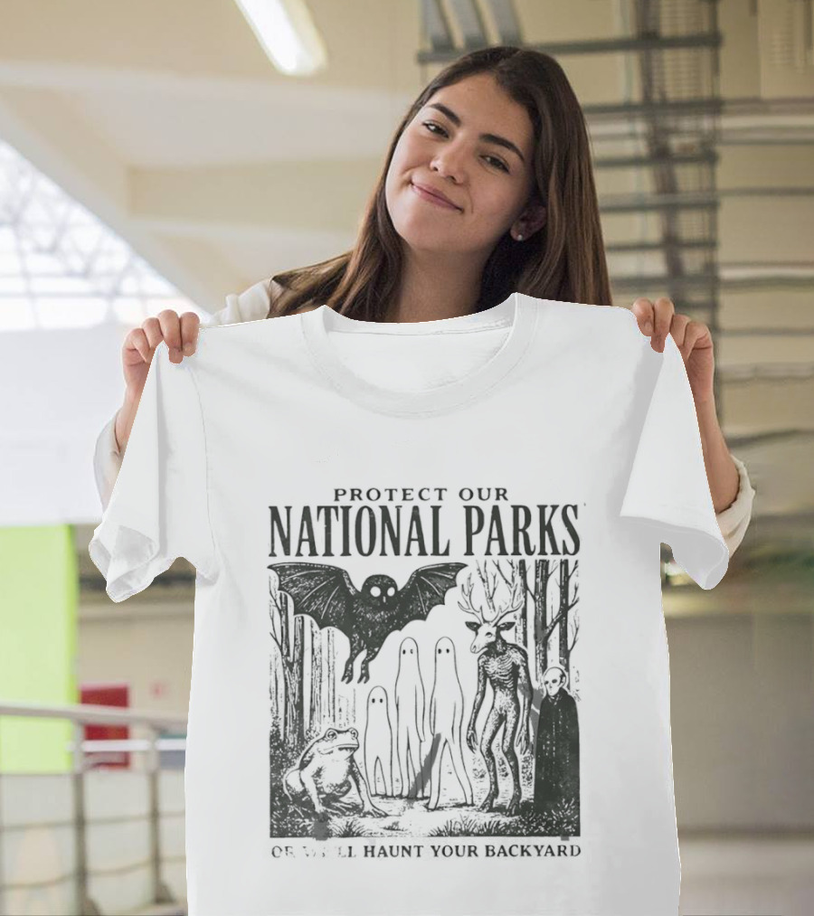 Protect Our National Parks Mothman Bigfoot Ghost Deer Cryptid Horror Characters T-Shirt