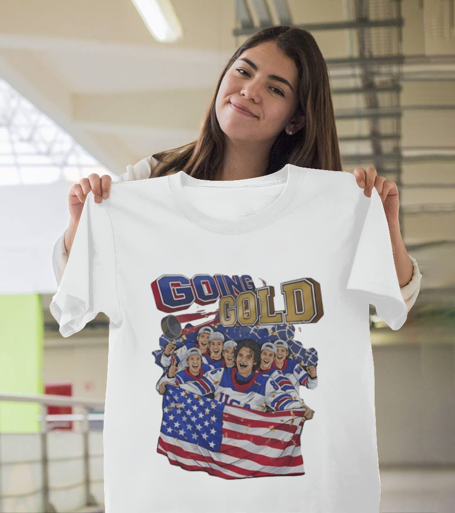 GOING GOLD USA Hockey Team Celebration With Flag T-Shirt