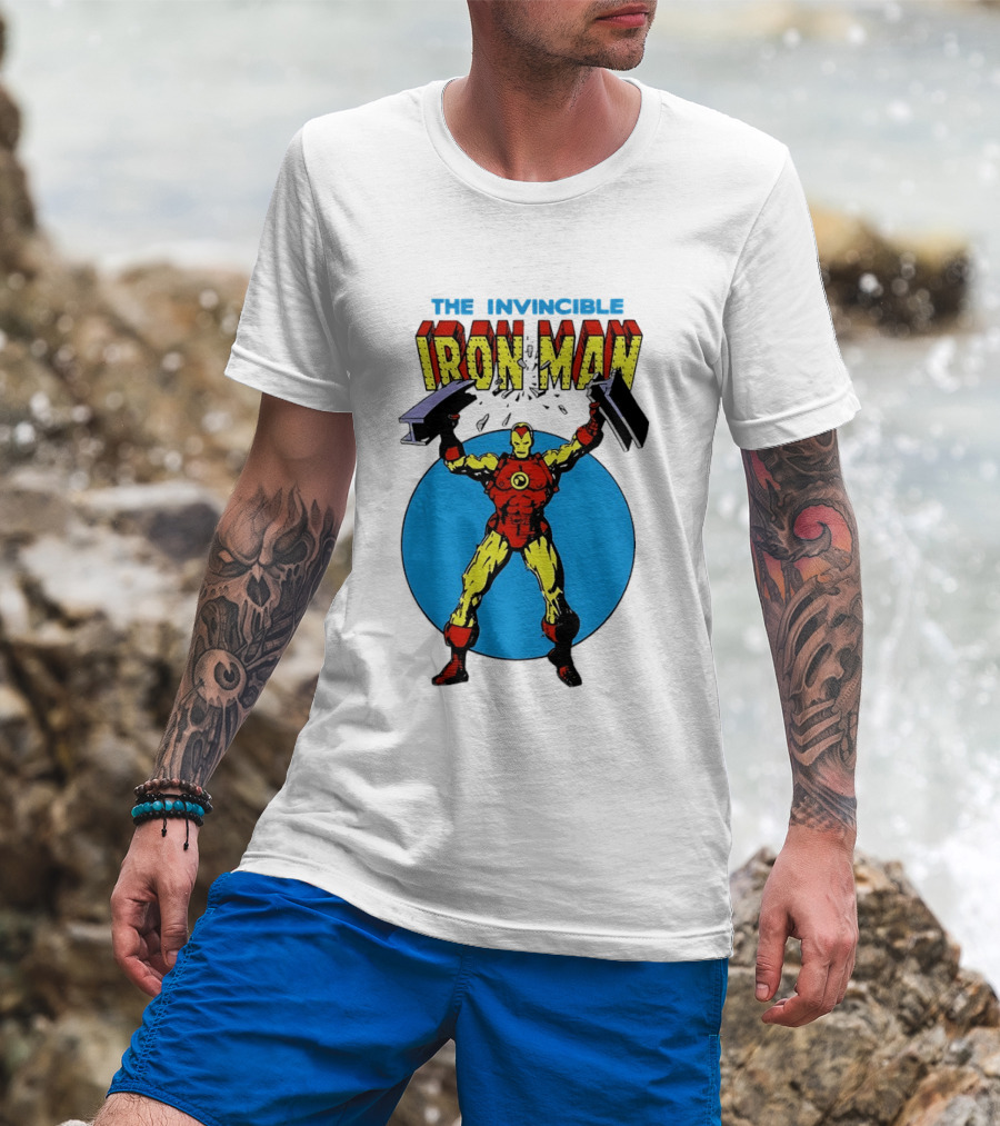 The Invincible Iron Man Bending Iron Bar Marvel Comic T-Shirt