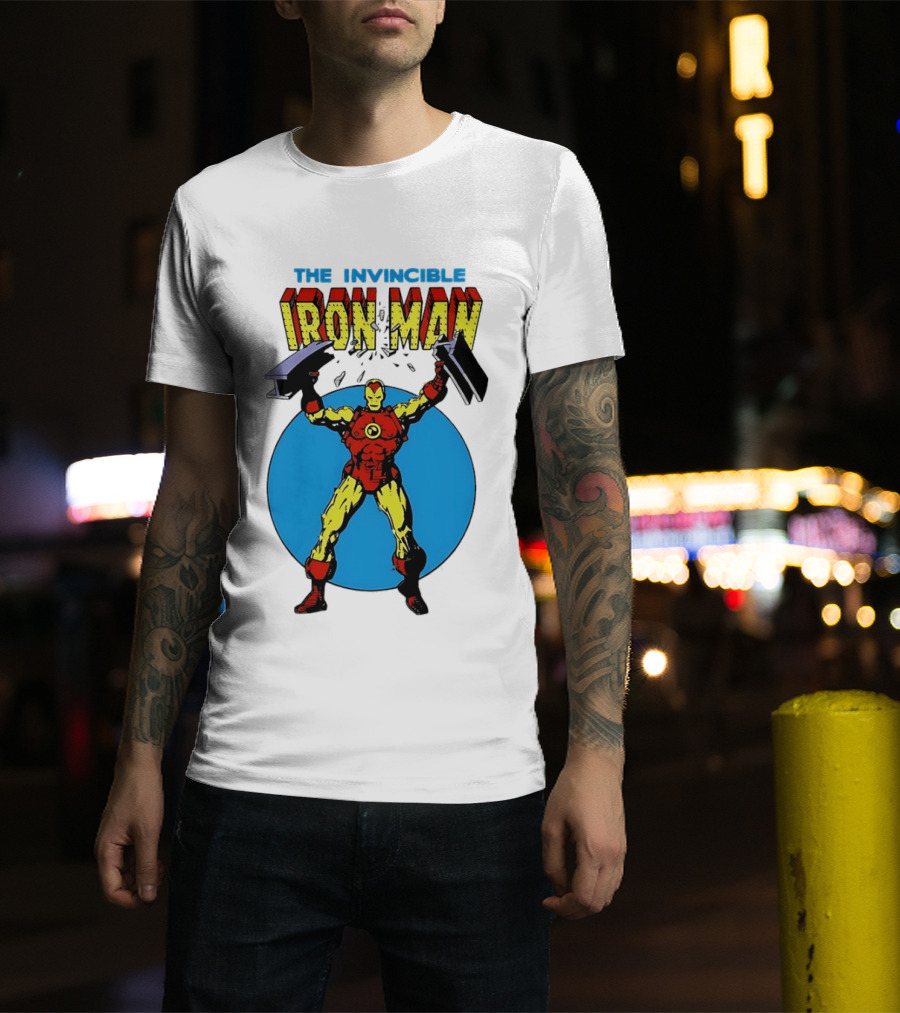 The Invincible Iron Man Bending Iron Bar Marvel Comic T-Shirt