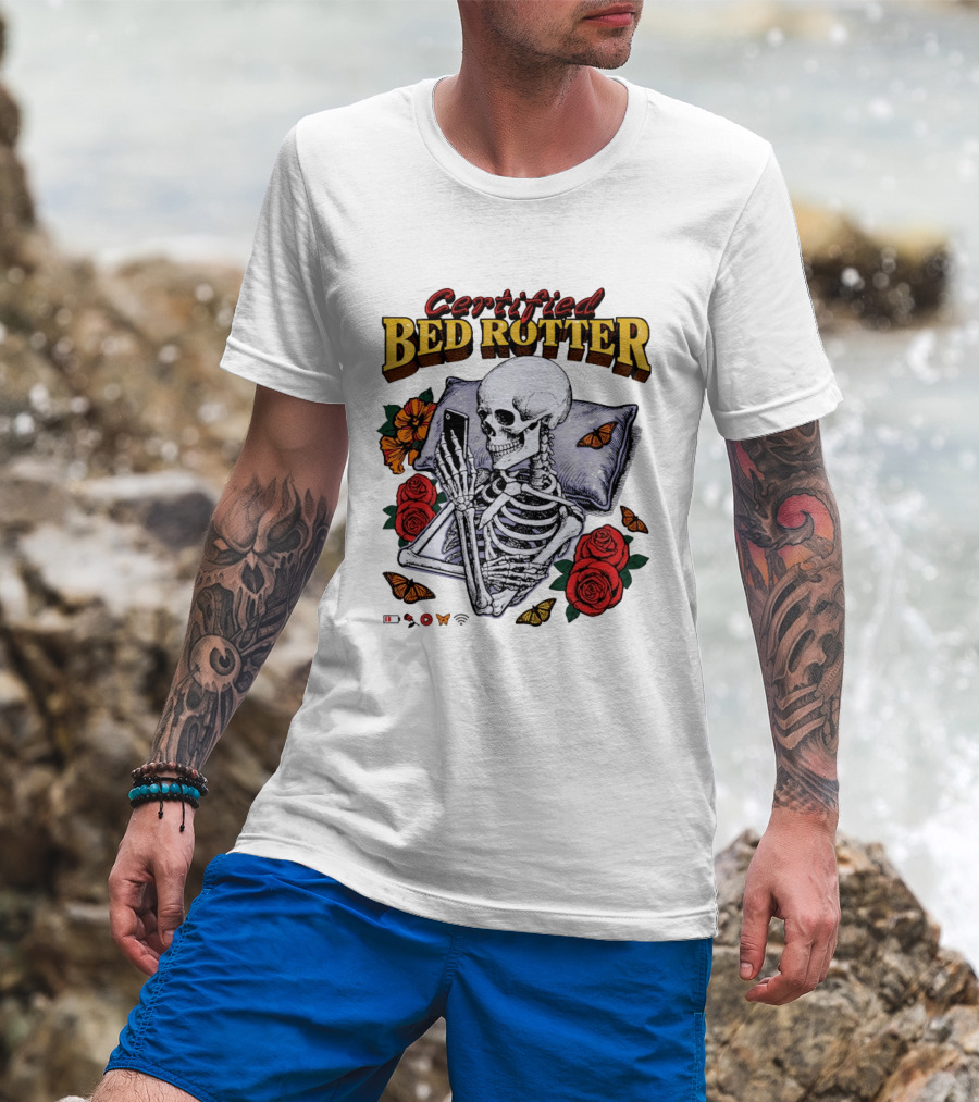 Certified Bed Rotter Skeleton Smartphone Butterfly Rose T-Shirt