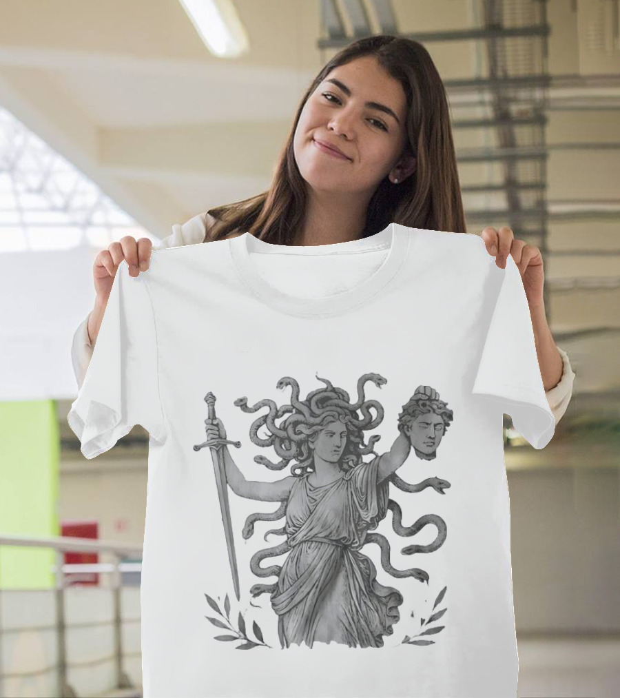 Medusa Holding Sword And Michael Head With Serpent Hair T-Shirt