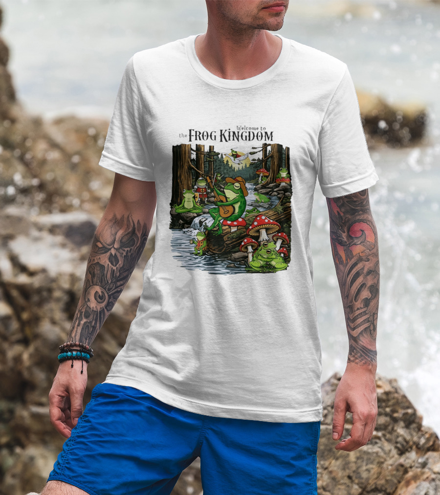 Frog Playing Guitar Forest Gathering Welcome To The Frog Kingdom T-Shirt