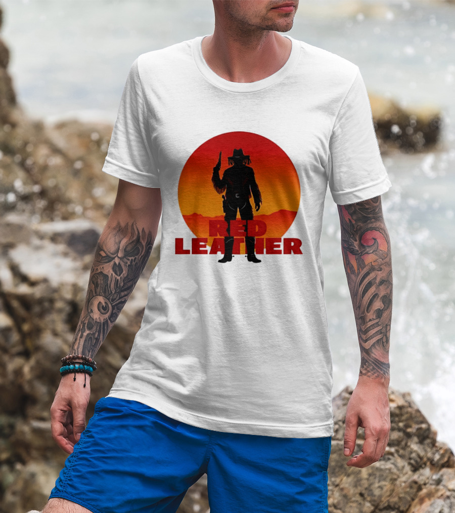 Red Leather Cowboy Sunset Silhouette With Gun And Hat In Desert T-Shirt