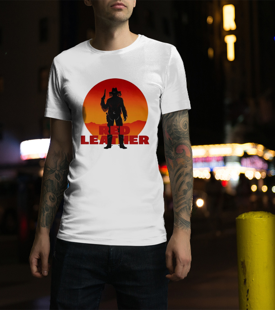 Red Leather Cowboy Sunset Silhouette With Gun And Hat In Desert T-Shirt