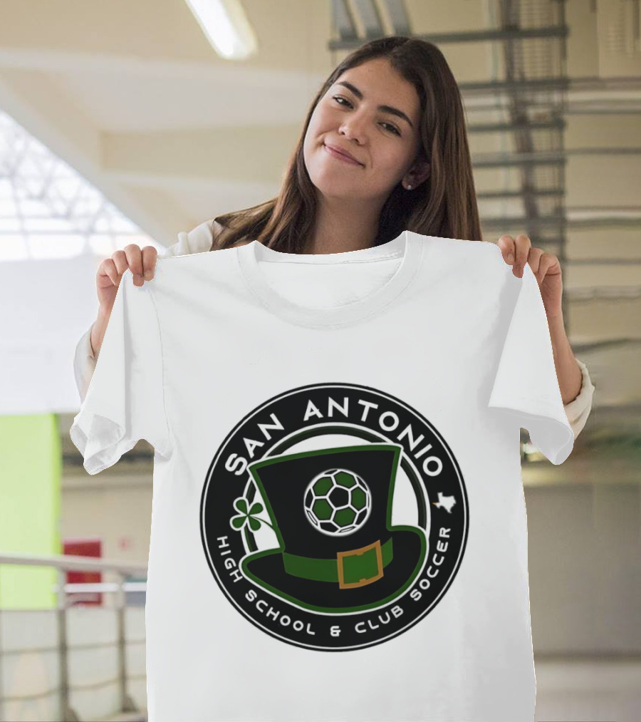 San Antonio High School Club Soccer Leprechaun Hat Soccer Ball And Shamrock T-Shirt