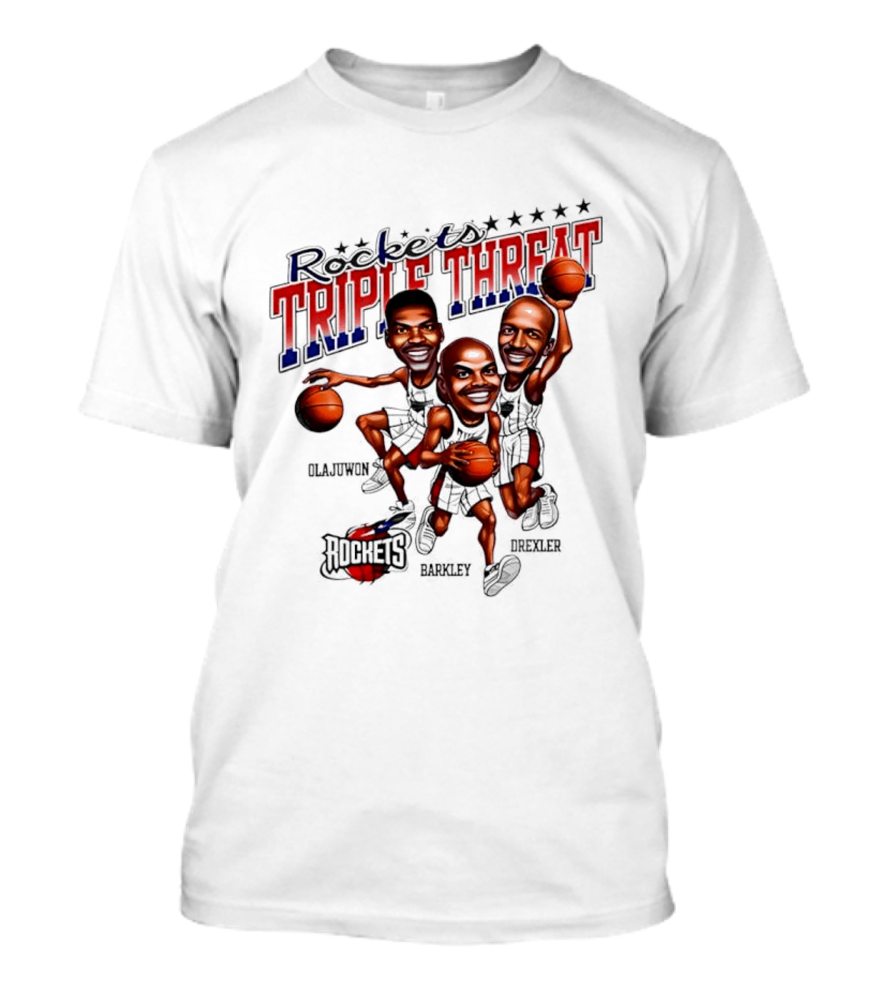 Hakeem Olajuwon Charles Barkley Clyde Drexler Rockets Triple Threat NBA Legends T-Shirt