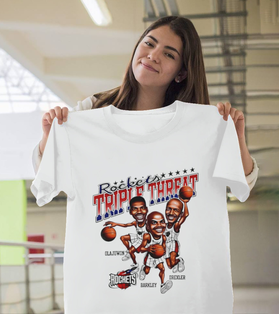 Hakeem Olajuwon Charles Barkley Clyde Drexler Rockets Triple Threat NBA Legends T-Shirt