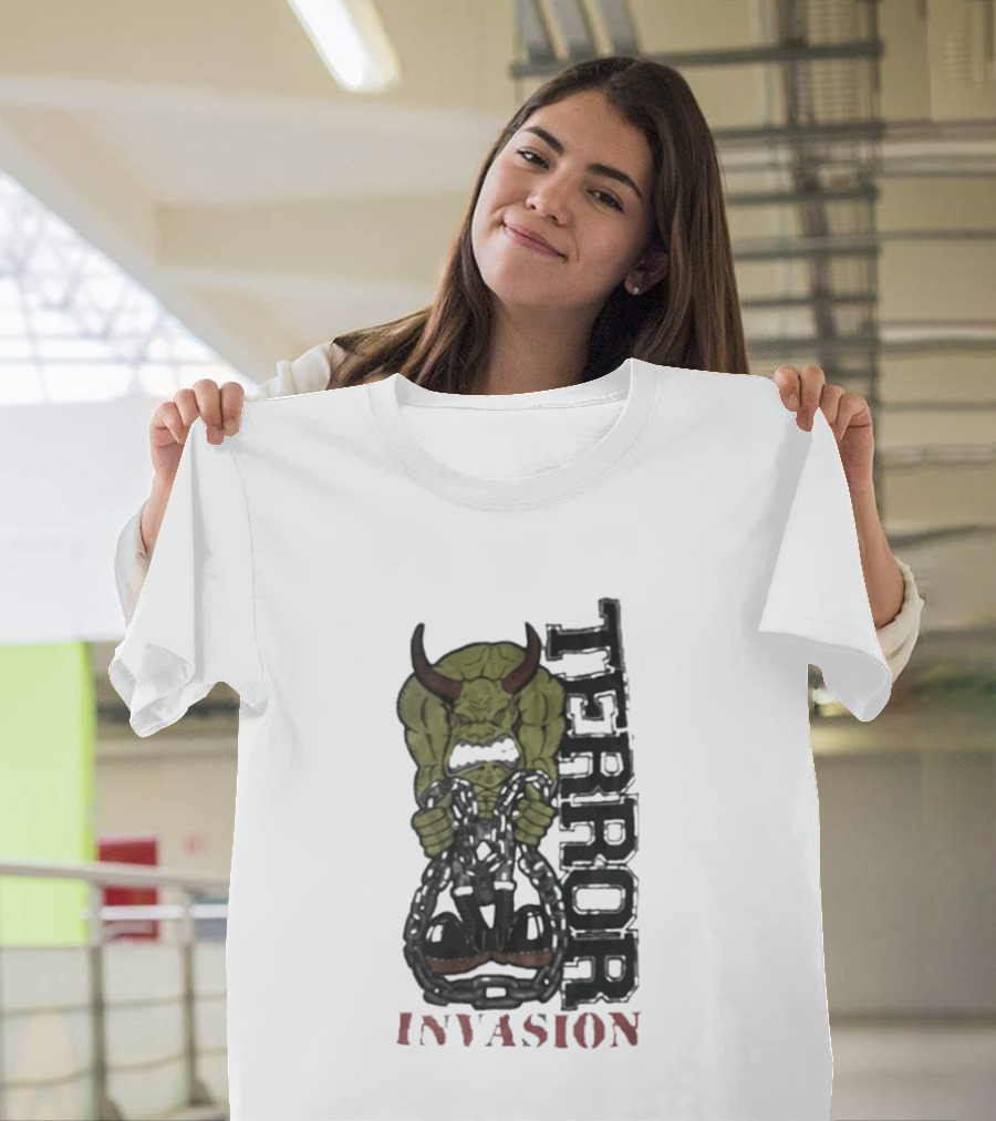 Terror Invasion Demon Holding Chains Warrior Monster T-Shirt