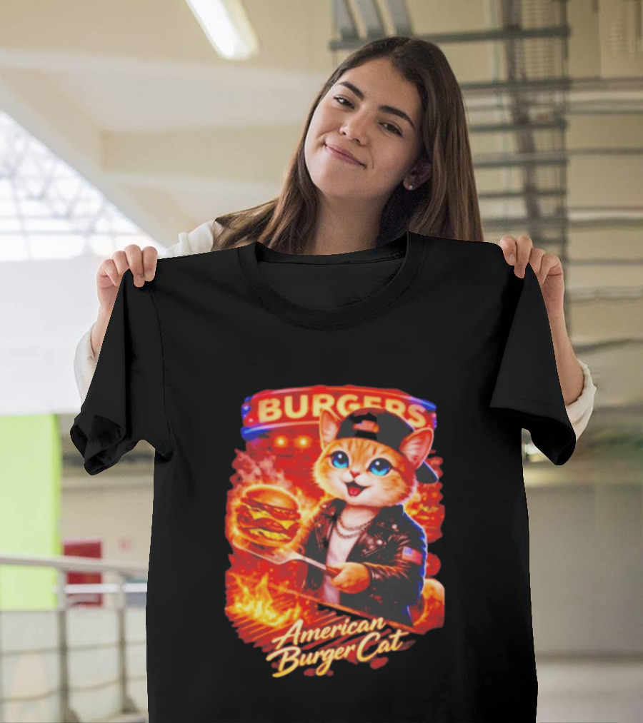 Burgers Flame Grilling American Burger Cat Fun T-Shirt
