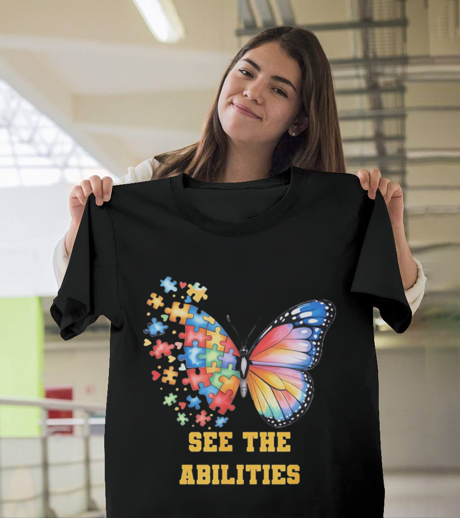 Butterfly Puzzle Pieces Autism Awareness See The Abilities T-Shirt