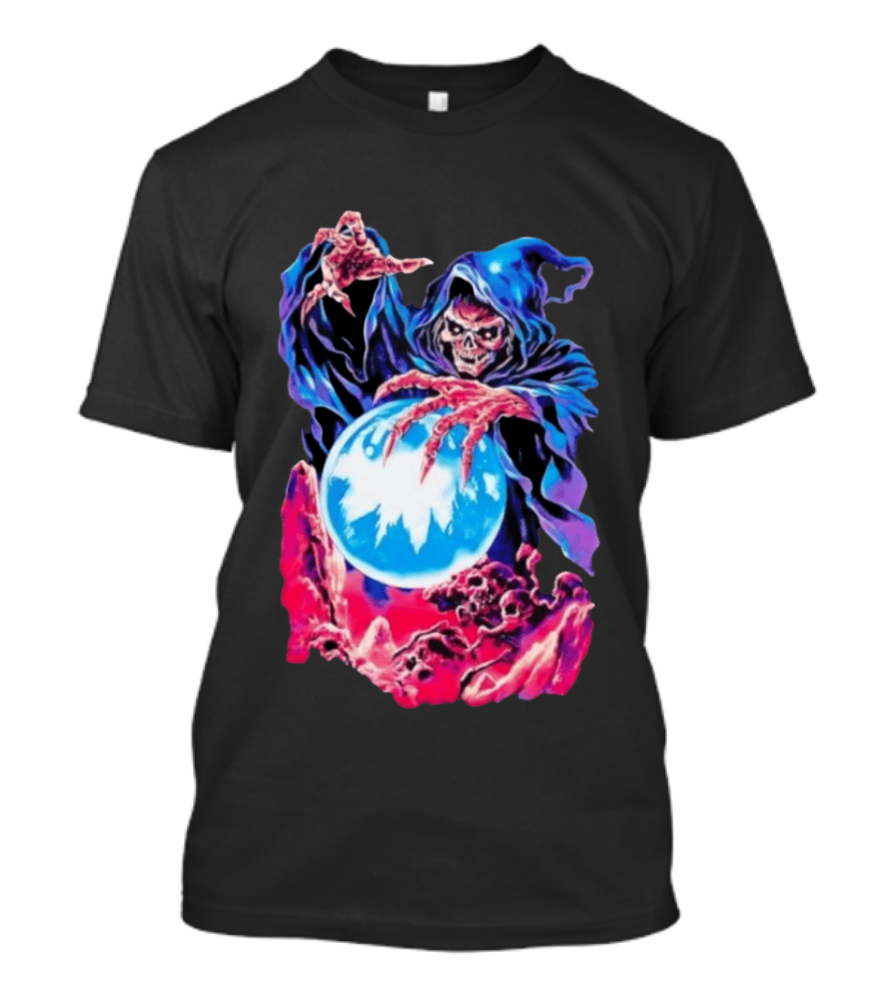 Grim Reaper Crystal Ball Skull Mystical Skeleton Hooded Cloak T-Shirt