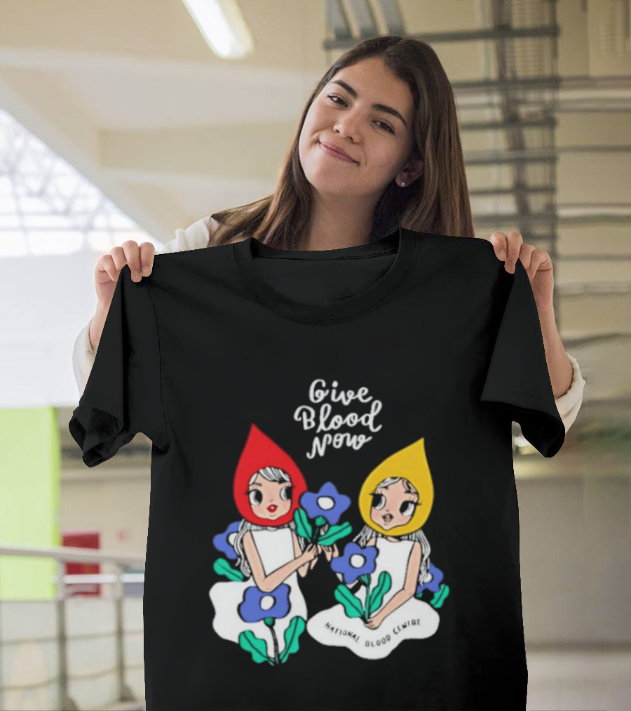 Give Blood Now National Blood Centre Cartoon Girls With Flowers T-Shirt