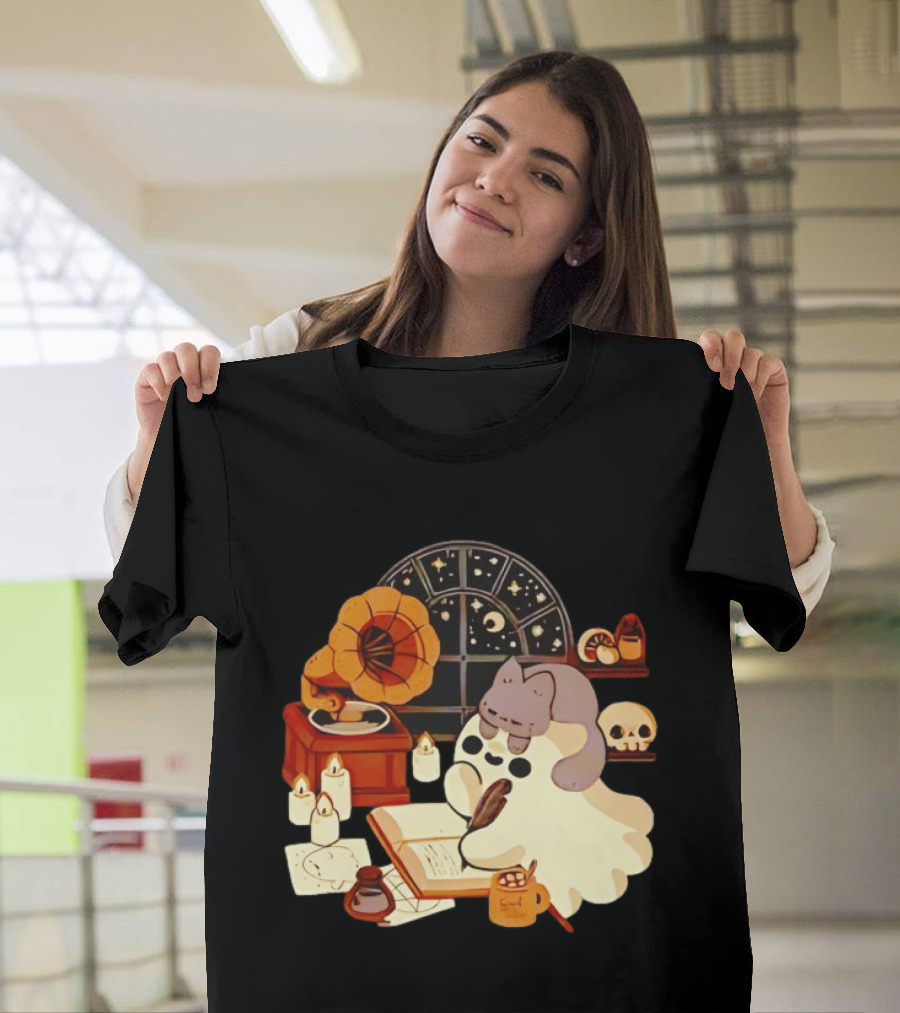 Ghost Cat Listening To Phonograph Under Night Sky While Writing T-Shirt