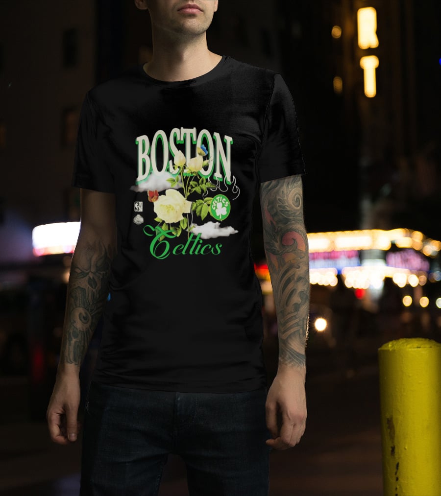 Boston Celtics Floral Roses With Butterfly And Shamrock T-Shirt