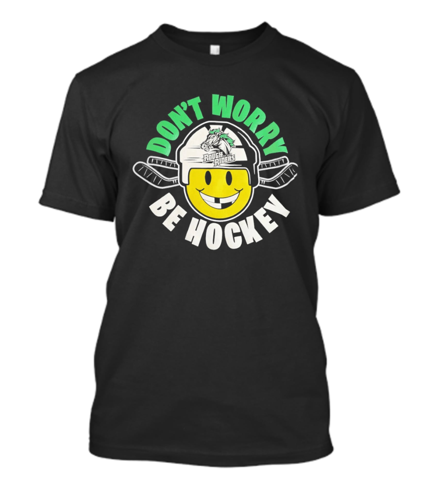 Don't Worry Be Hockey Cedar Rapids RoughRiders Smiley Face Helmet Rugged Fun T-Shirt