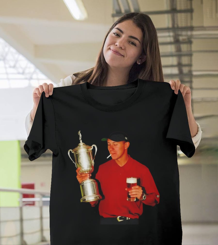 Tiger Woods Holding US Open Trophy With Cigarette And Drink In Hand T-Shirt