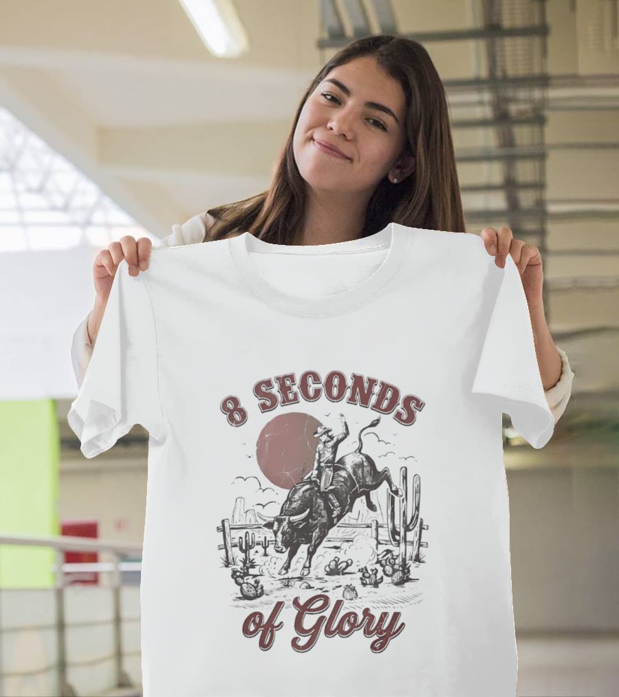 8 Seconds Of Glory Cowboy Riding Rodeo Bull Southwestern Desert Scene T-Shirt