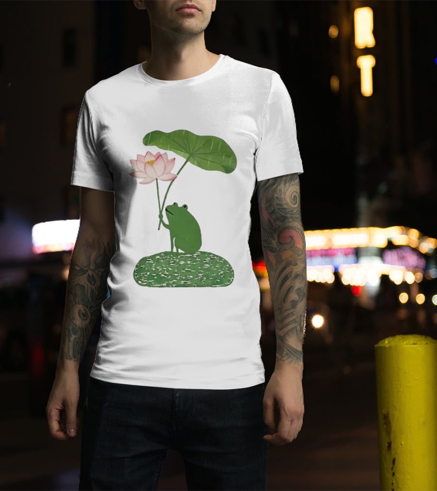 Frog With Lotus Umbrella Under The Rain Meme Cute Nature Scene T-Shirt