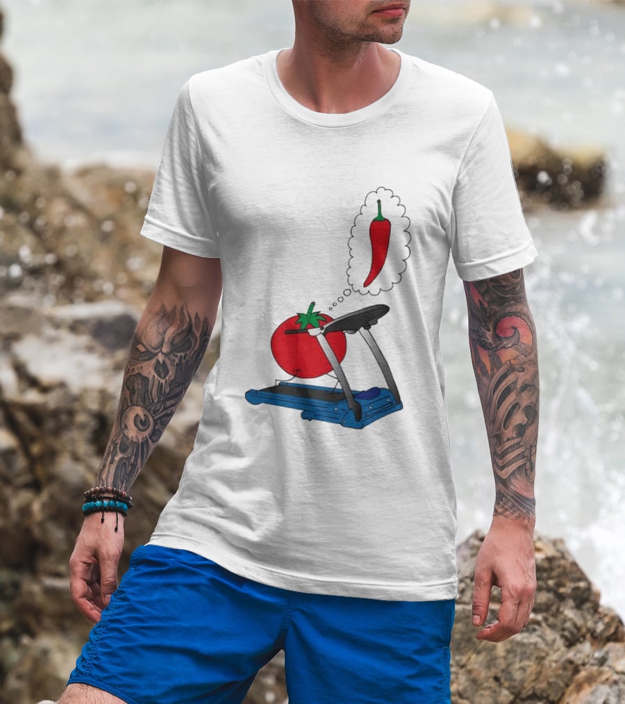 Tomato Dreaming Of Chili On Treadmill Funny Food Meme T-Shirt