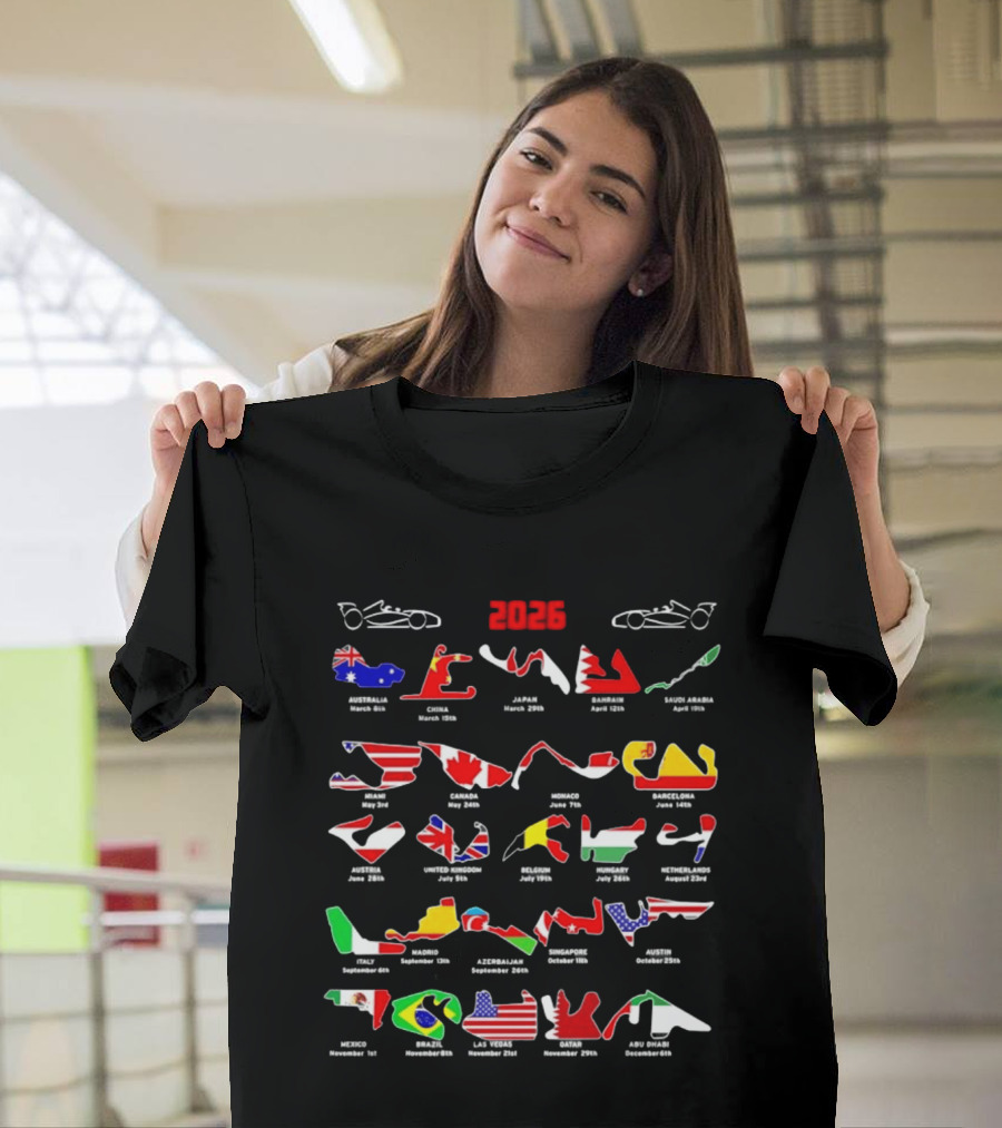 Formula Racing 2026 Circuit Map With International Flags And Track Layouts T-Shirt