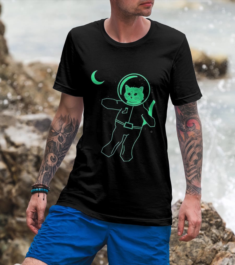 Glow In The Dark Astronaut Neon Cat With Moon Phases T-Shirt