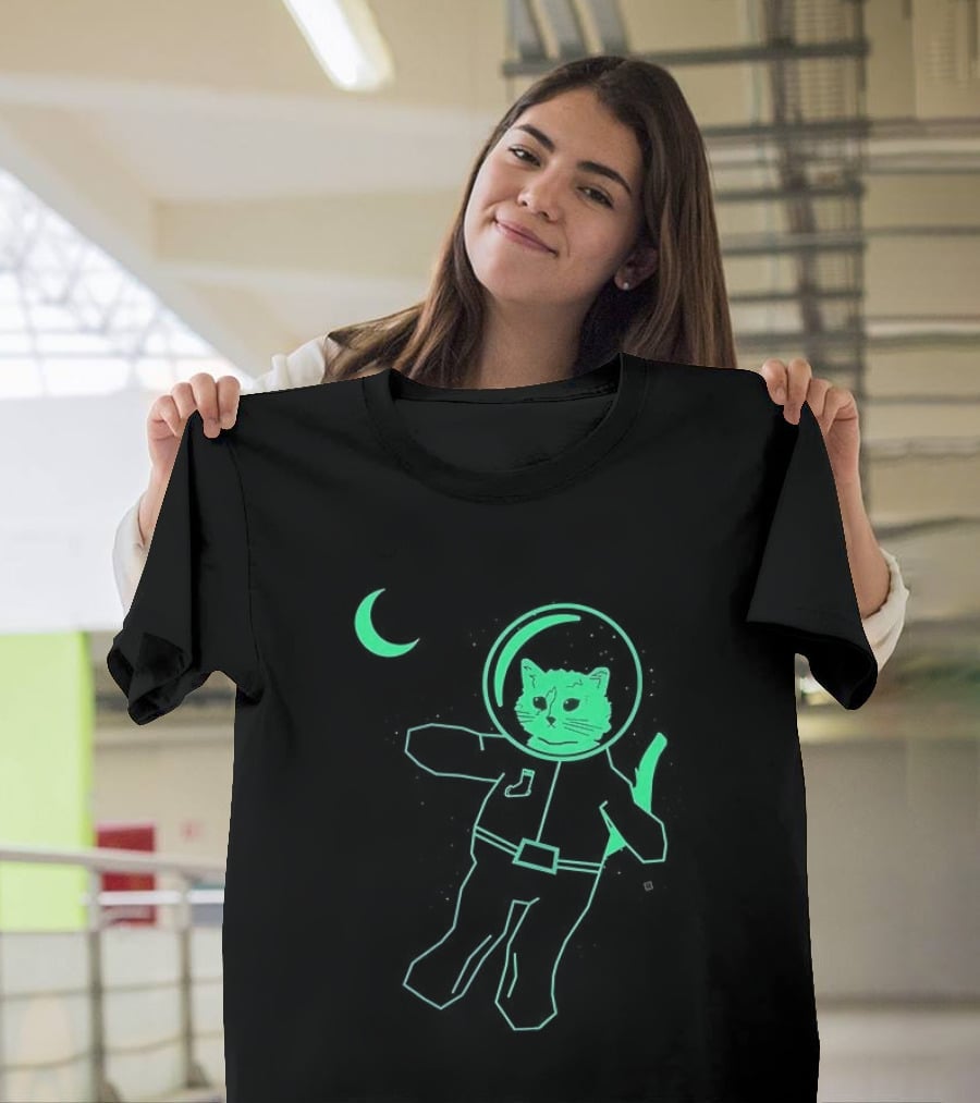 Glow In The Dark Astronaut Neon Cat With Moon Phases T-Shirt