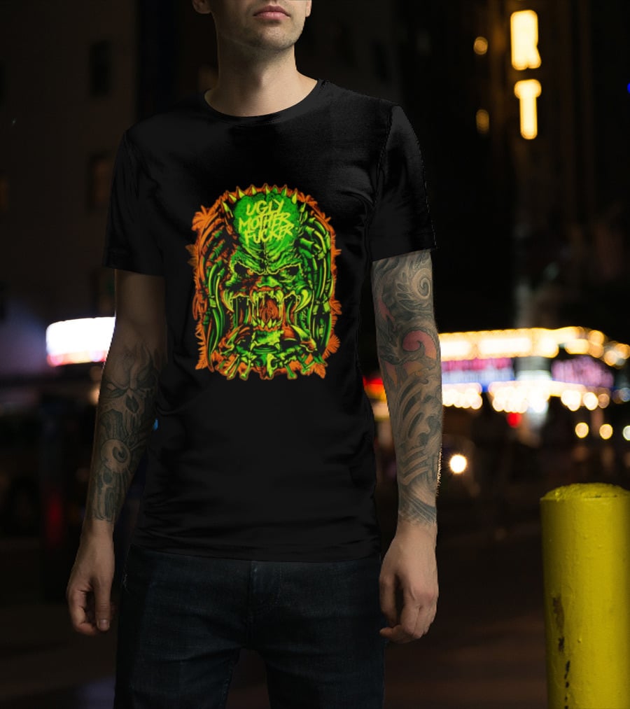 Predator Ugly Mother Fucker Alien Mask Neon Green And Orange T-Shirt