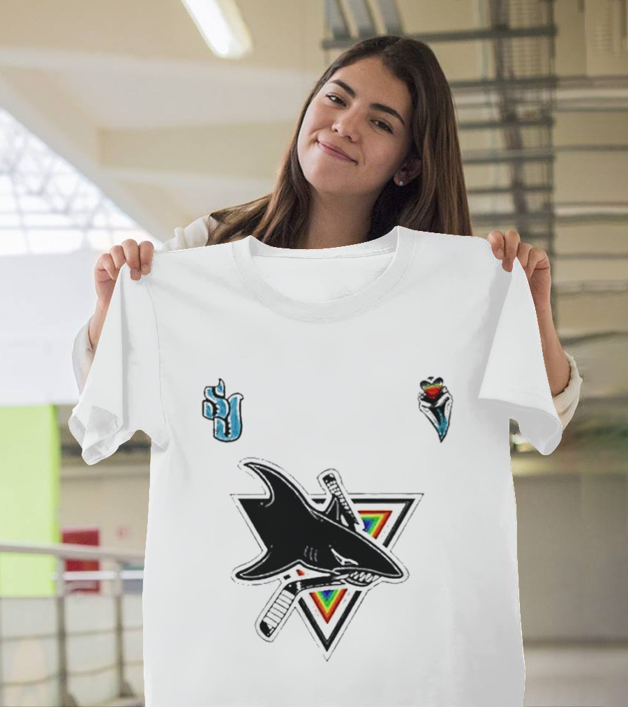 San Jose Sharks Pride Night 2026 Team Logo With Rainbow Accents T-Shirt