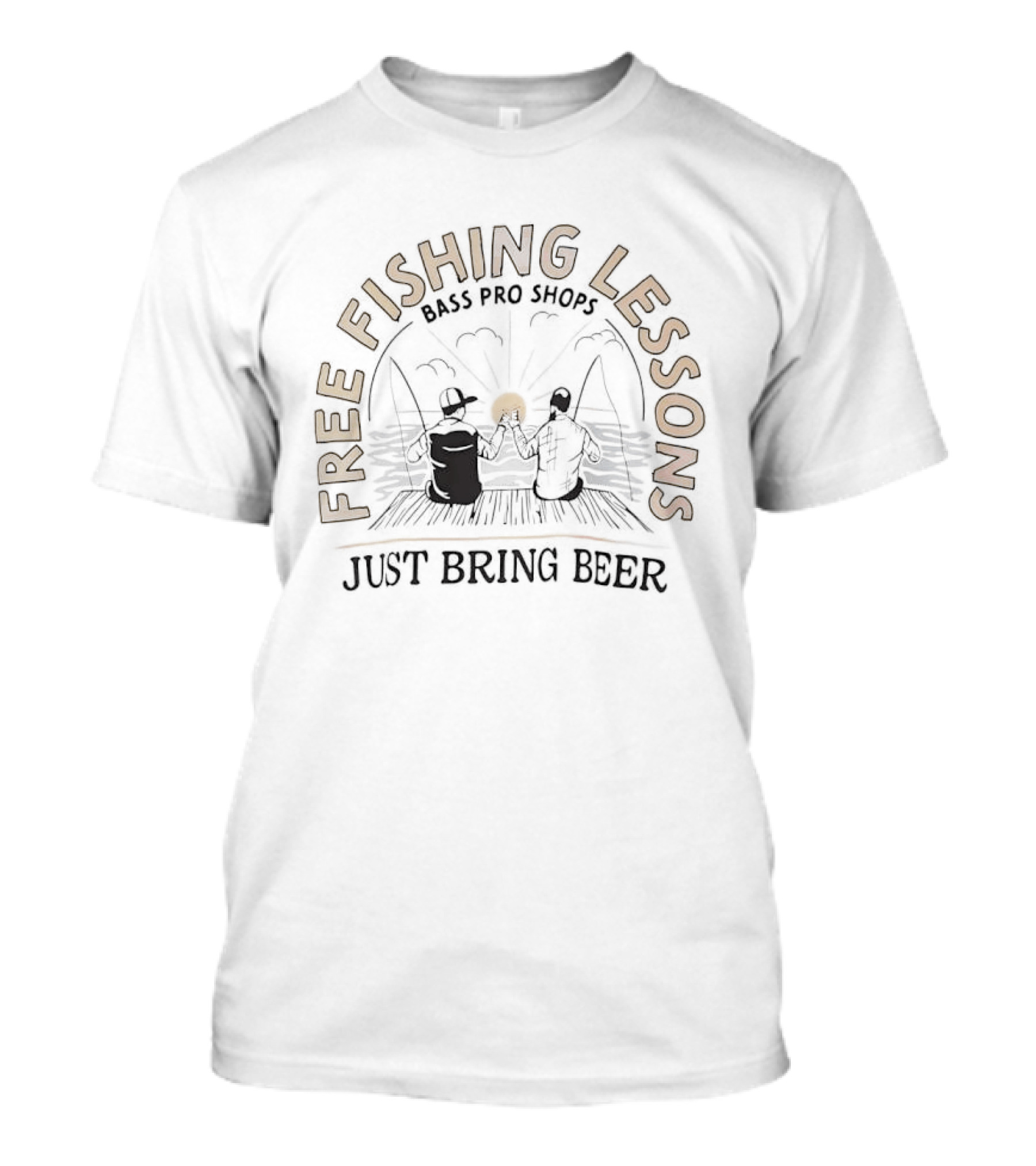 Free Fishing Lessons Bring Beer Lake Dock Scene T-Shirt