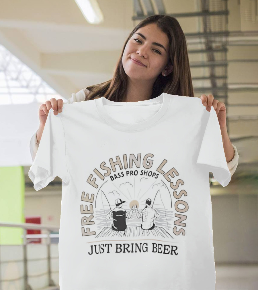 Free Fishing Lessons Bring Beer Lake Dock Scene T-Shirt