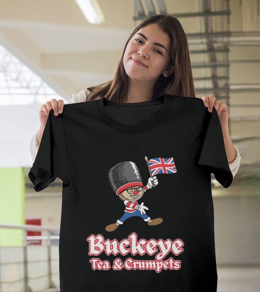 Buckeye Tea And Crumpets British Guard Cartoon With Union Jack Flag T-Shirt