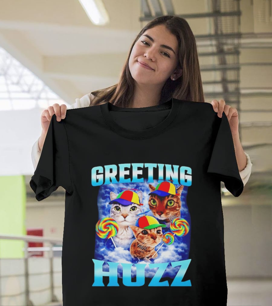 Greeting Huzz Cat Meme With Lollipops And Colorful Hats T-Shirt