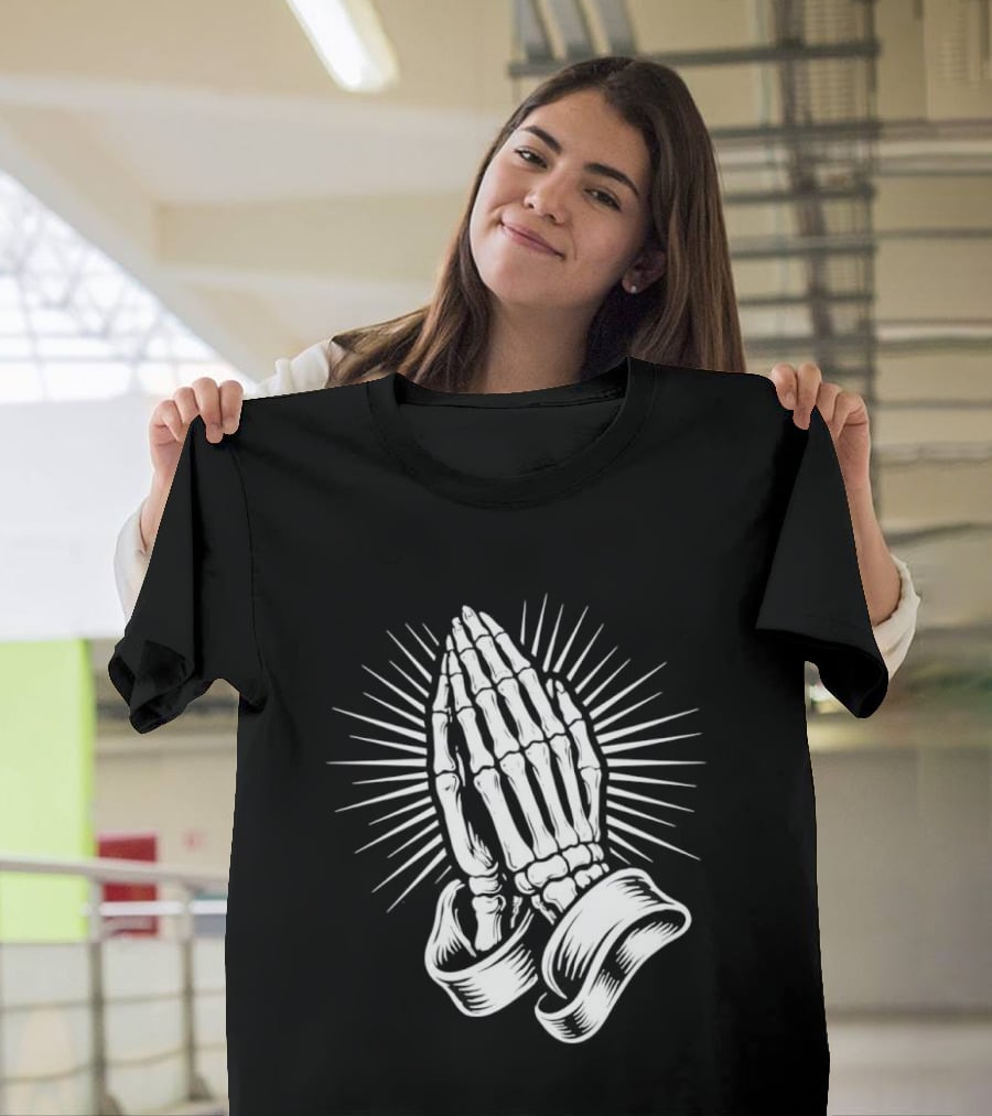 Skeleton Praying Hands Christian Symbol With Radiant Light T-Shirt