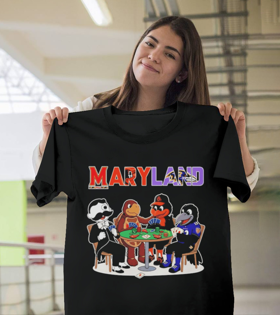 Maryland Mascots Playing Poker With Natty Boh, Orioles, Ravens, And Terrapins T-Shirt