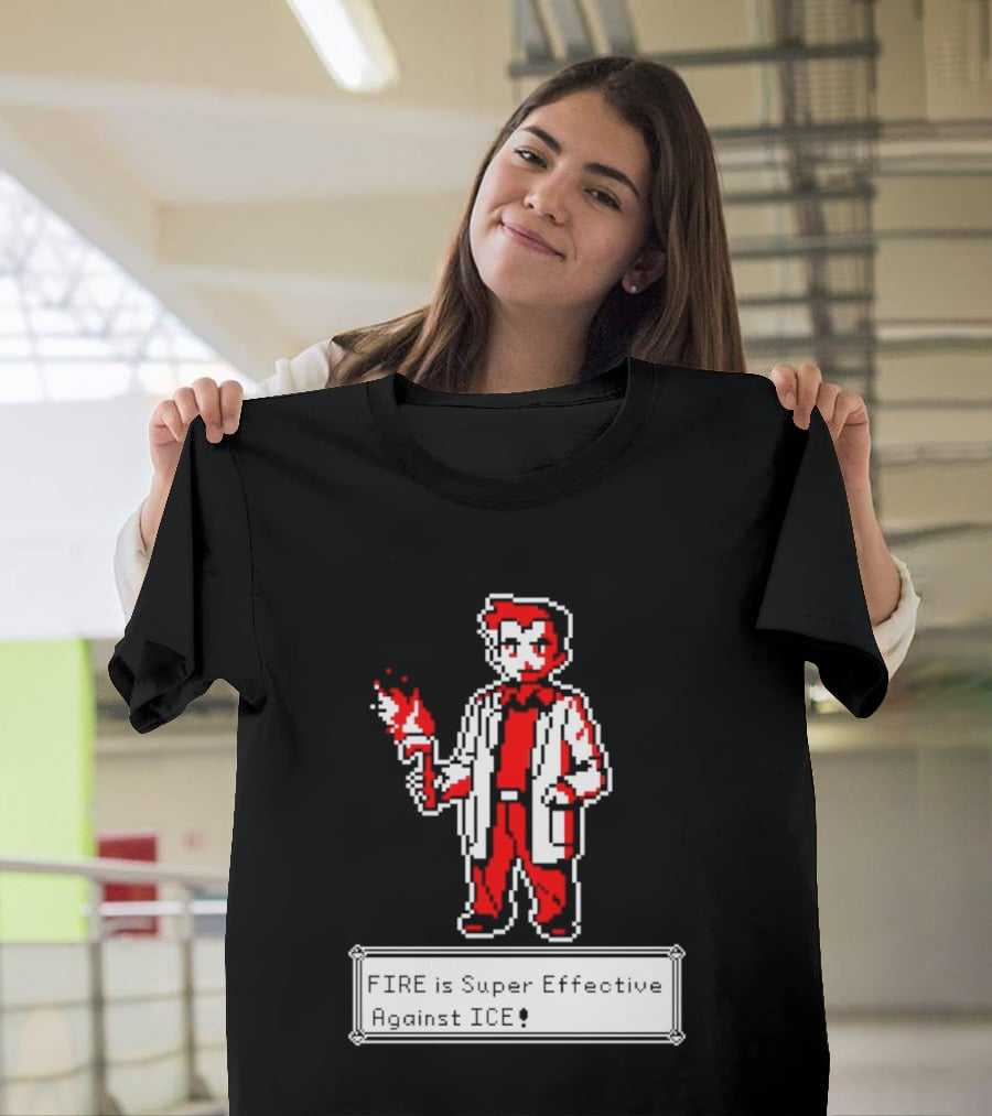 Fire Is Super Effective Against Ice Pixel Character Holding Flame In Retro Game T-Shirt