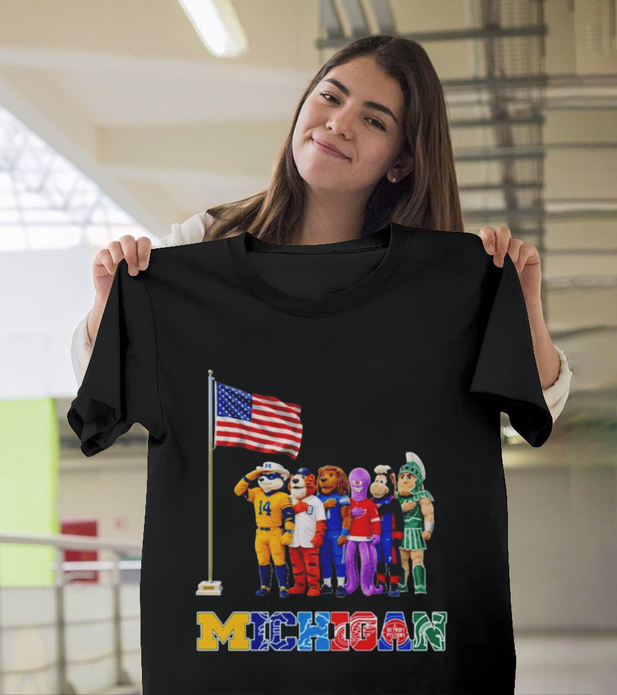Patriotism In Michigan Sports Mascots Saluting American Flag T-Shirt