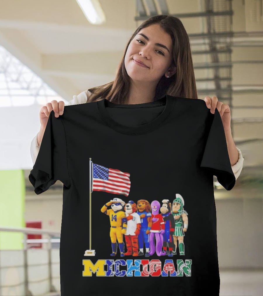 Michigan Wolverine Tigers Lions Red Wings Pistons Spartans Salute American Flag T-Shirt
