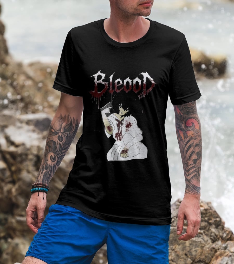 Blood Anime Style Dripping Text And Mysterious Figure T-Shirt