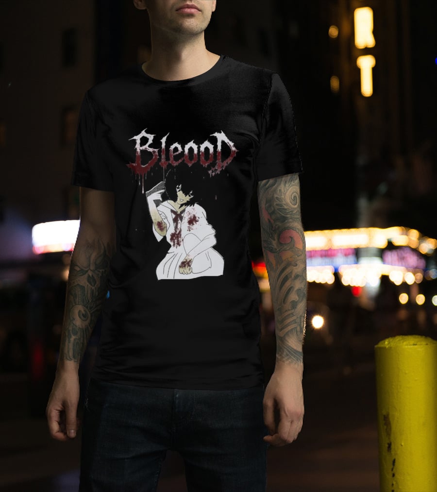 Blood Anime Style Dripping Text And Mysterious Figure T-Shirt