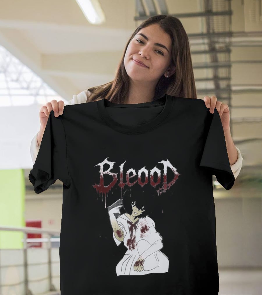 Blood Anime Style Dripping Text And Mysterious Figure T-Shirt