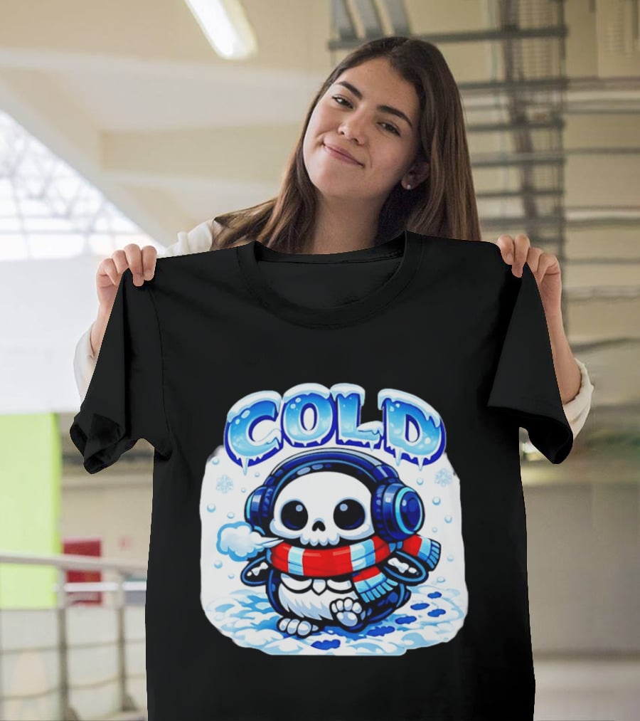 Cold Penguin Skeleton Winter Scarf Headphones Snowflakes T-Shirt