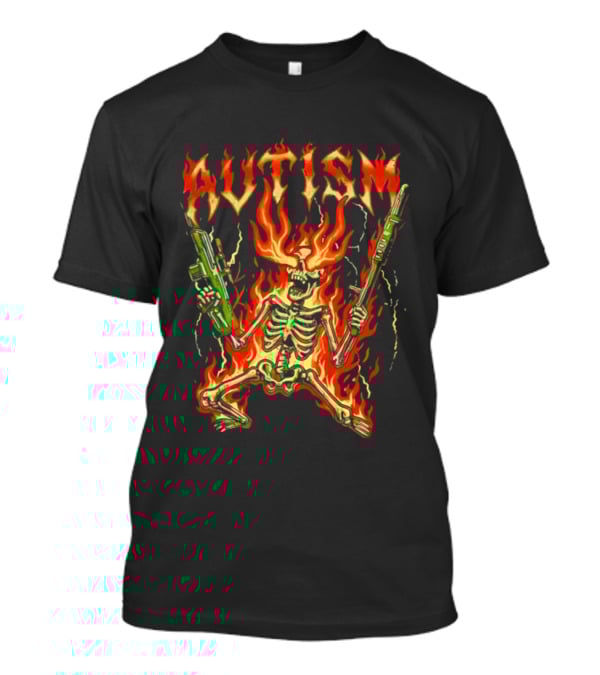 Skeleton Blazing Holding Two Rifle Guns Autism Flame T-Shirt