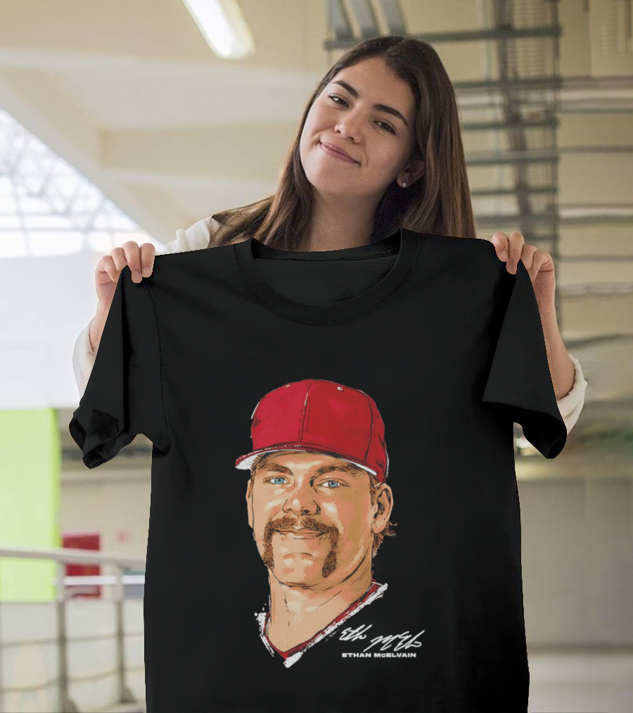 Ethan McElvain Arkansas Razorbacks Baseball Player Portrait In Red Cap T-Shirt