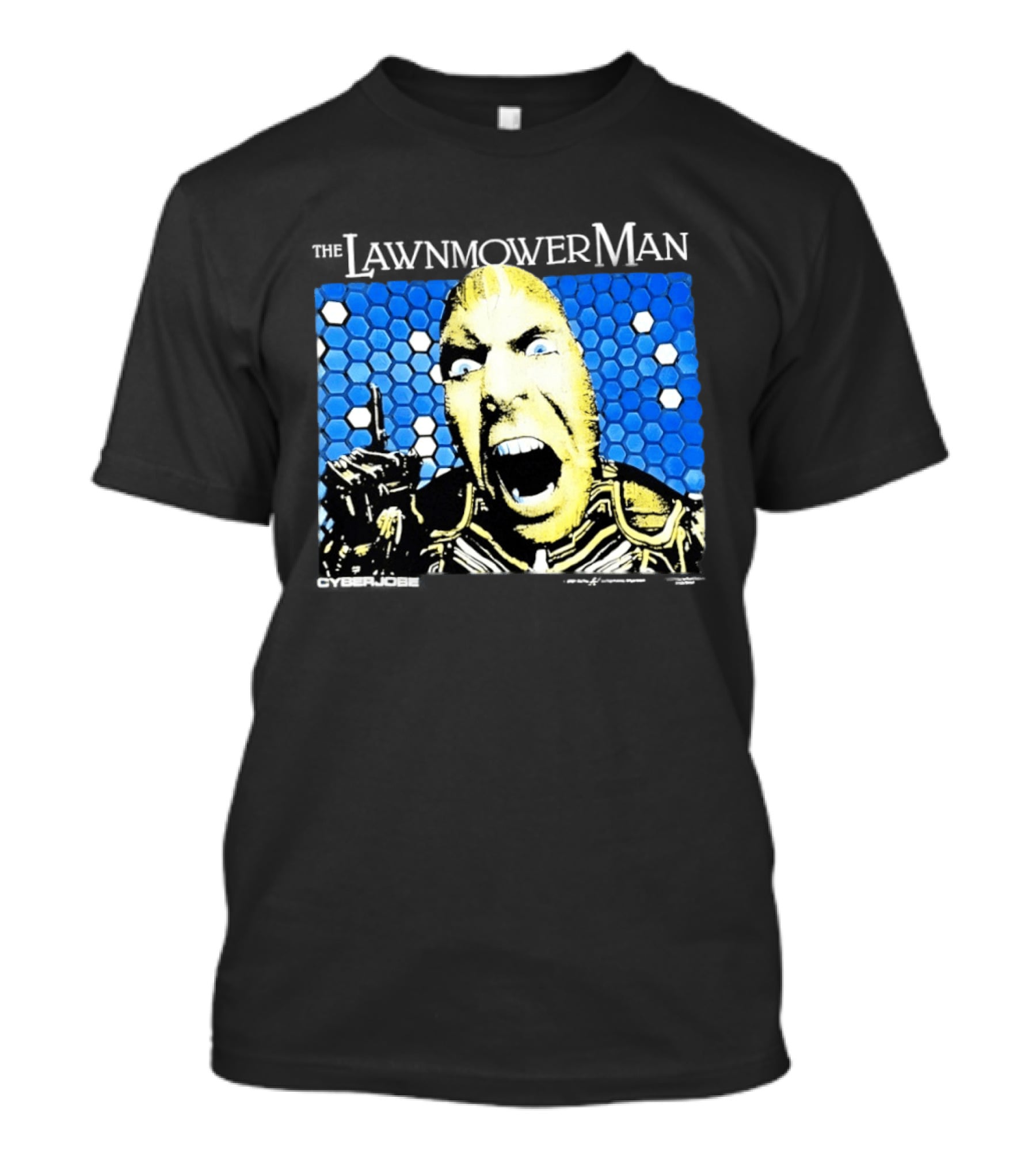 The Lawnmower Man Futuristic Cybernetic Face Against Blue Hexagon T-Shirt