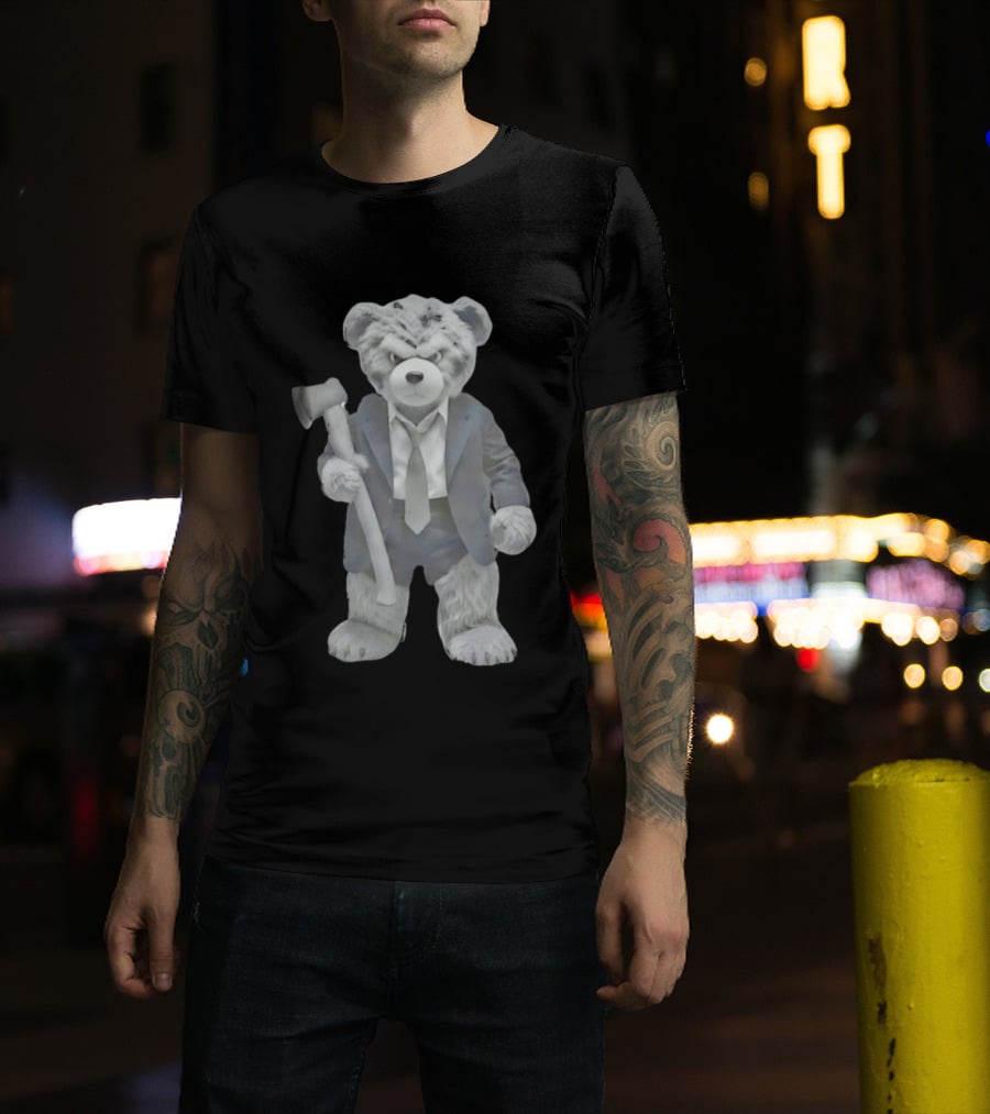Grumpy Teddy Bear In Suit Holding Axe Horror T-Shirt