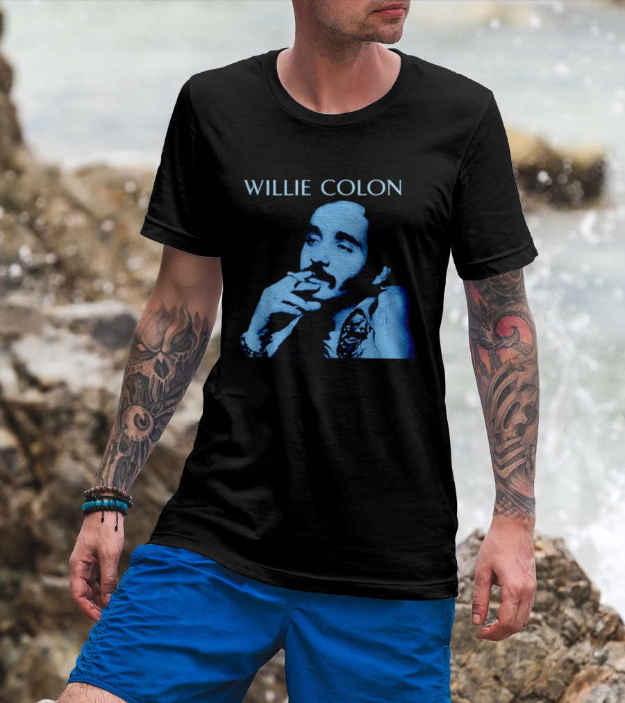 WILLIE COLON Blue Portrait Smoking Image T-Shirt