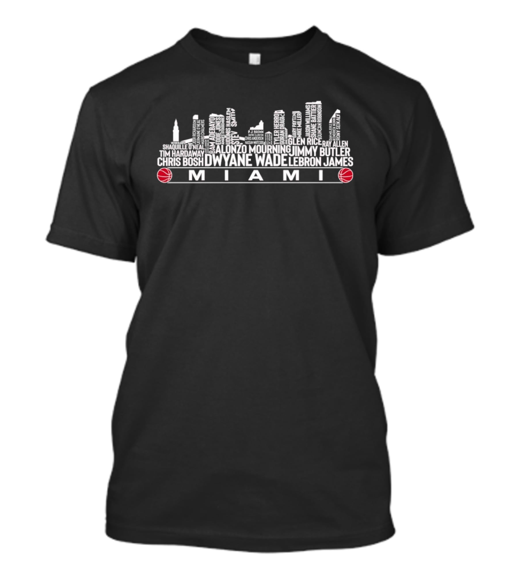 Miami City Skyline Basketball Legends Dwyane Wade LeBron James Jimmy Butler Chris Bosh T-Shirt