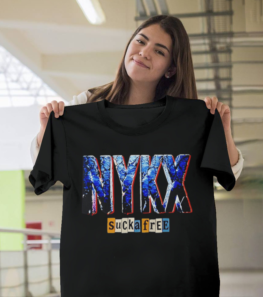 NYKX Sucka Free Bold Blue Text With Colorful Block Letters T-Shirt