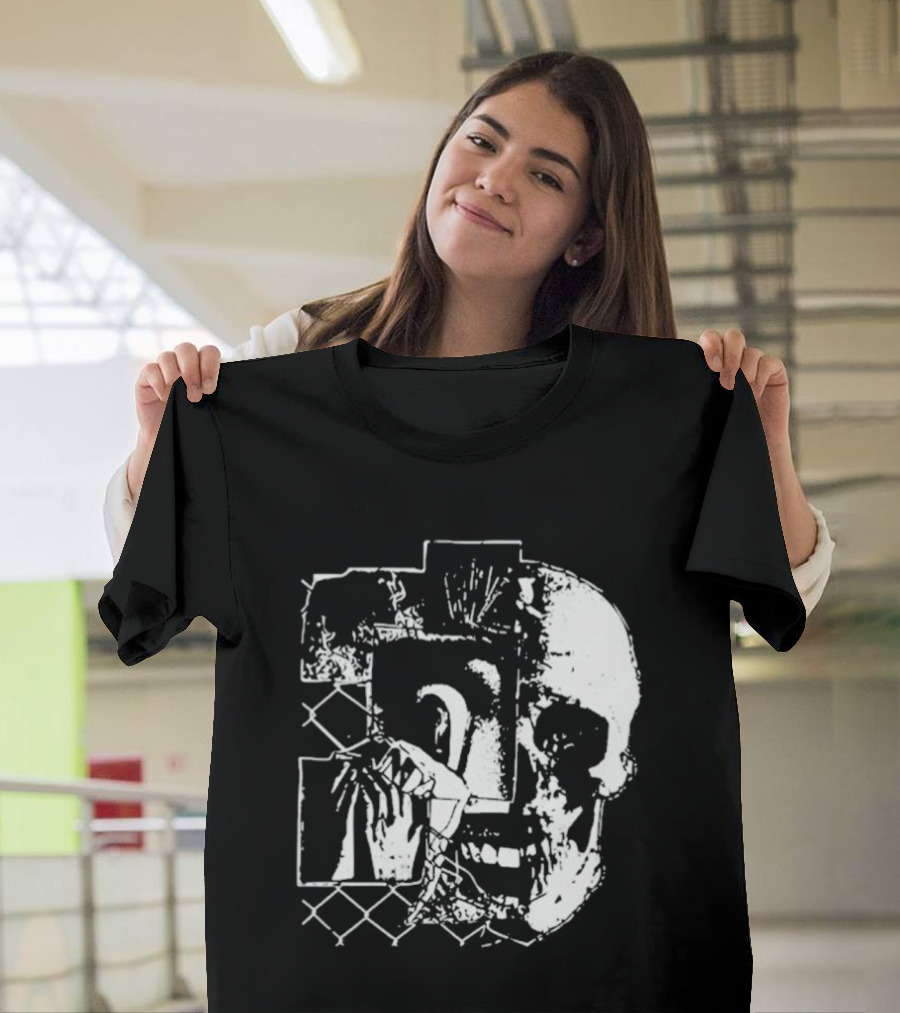 Harms Way Chain Link Skull 2026 Distorted Surreal White Design With Fence T-Shirt